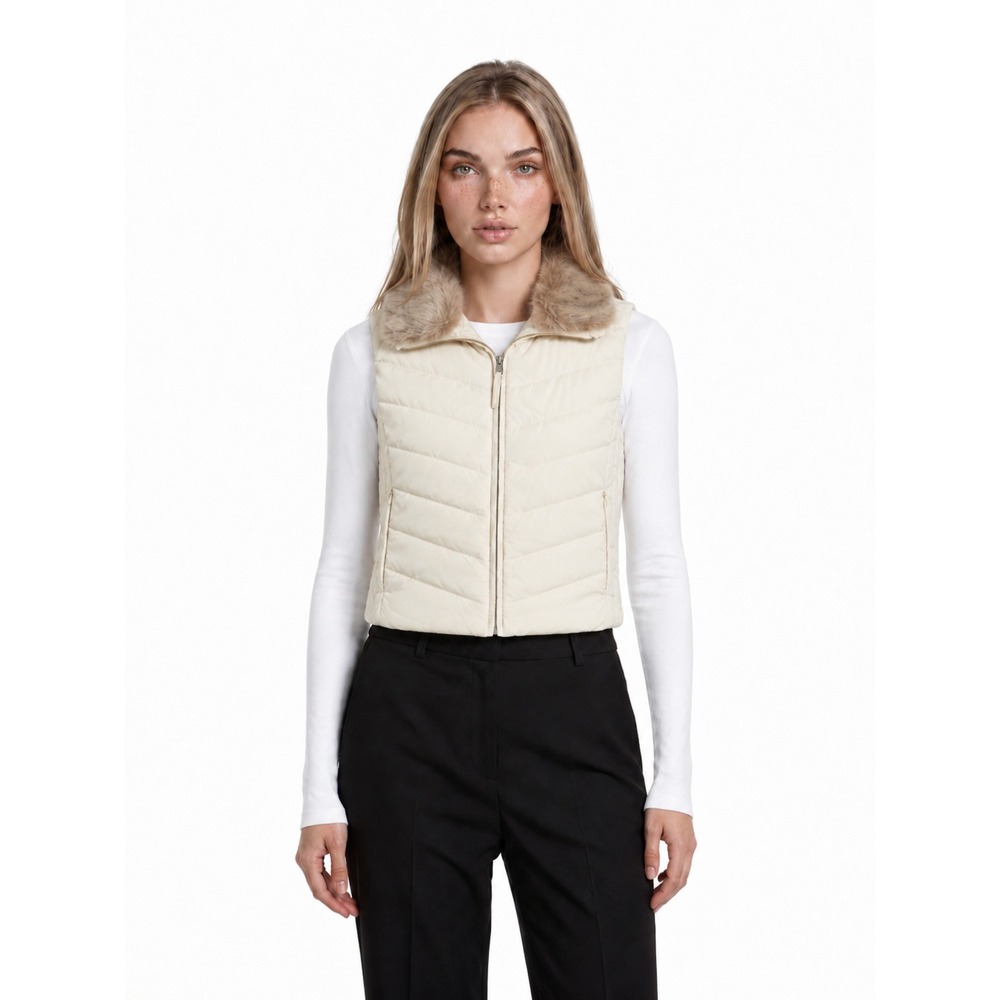 Talbots Down Puffer Vest Women's Size‎ XL Ivory Faux Fur Collar Quilted